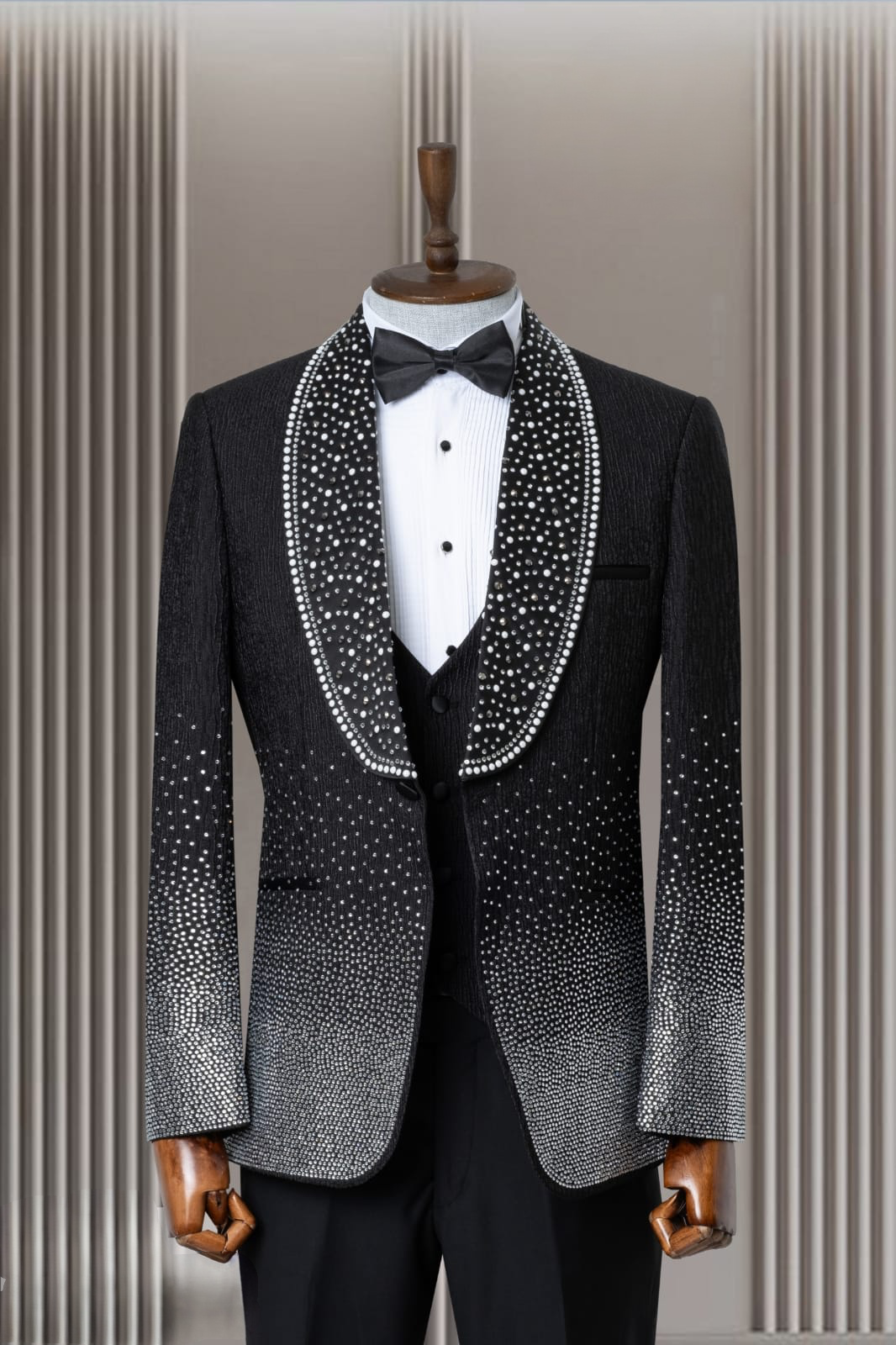 White Beaded Suit | Black 3 Piece Wedding Suit Crystals Suit