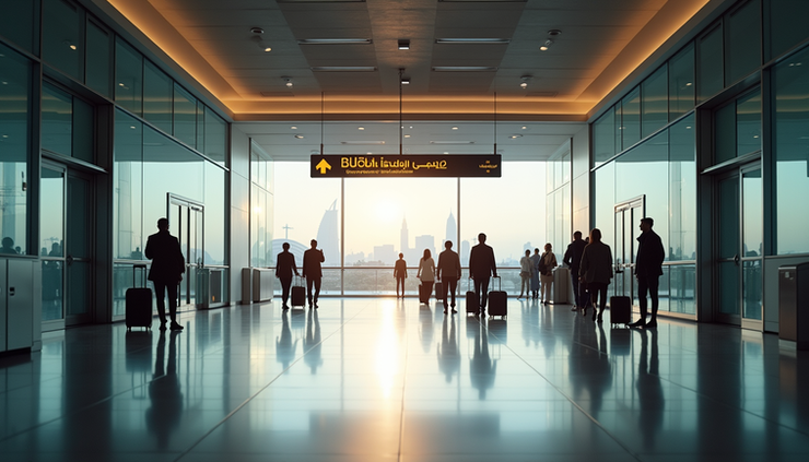 Eye-level view of Dubai International Airport entrance with travelers and signage