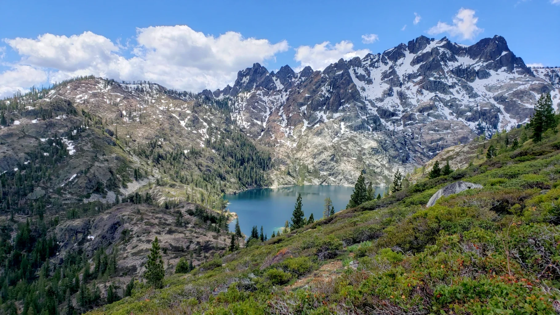 Upper Sardine Lake from the trail with Sierra Buttes backdrop