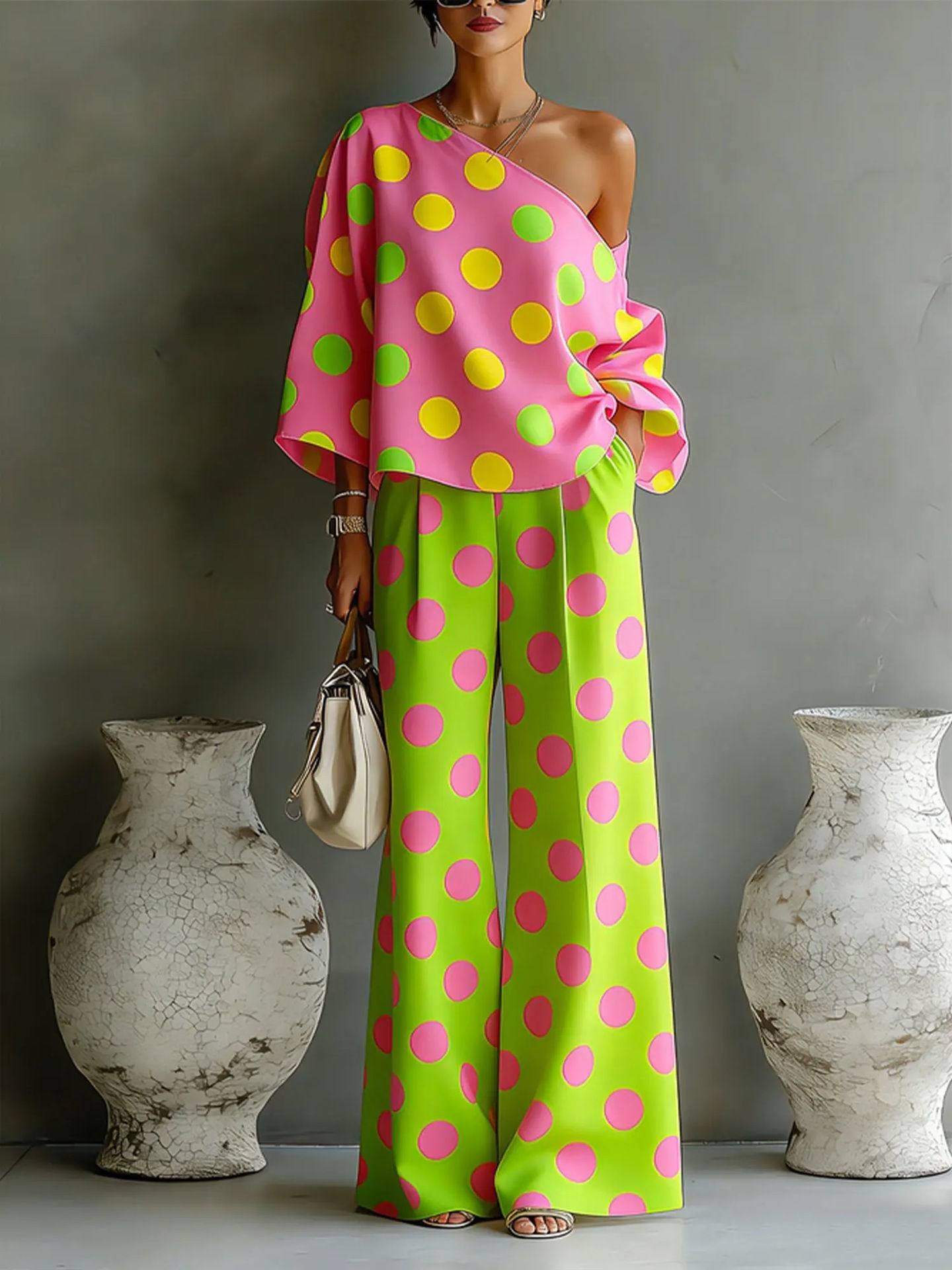 Conjunto feminino Aurora Poá com calça wide leg