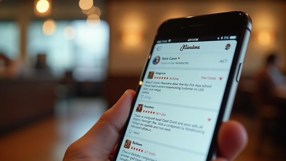 Close-up view of a smartphone screen showing a restaurant's social media page with customer reviews
