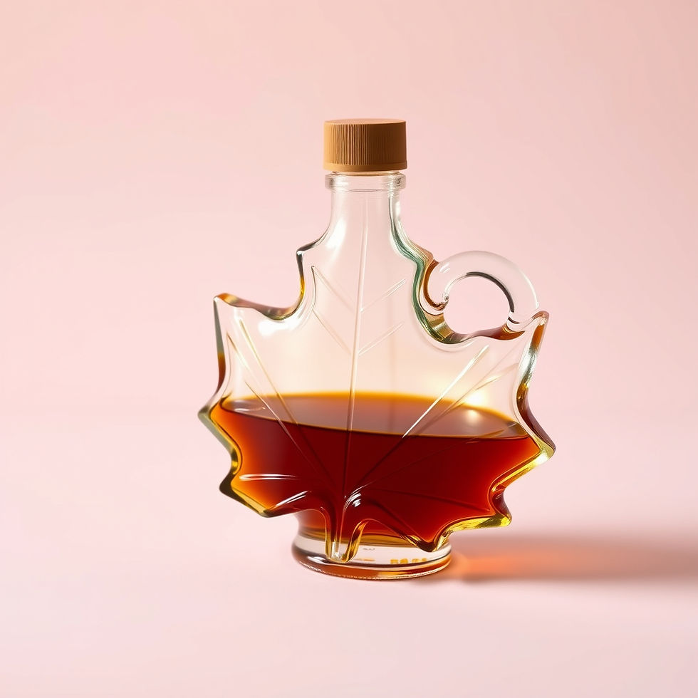 Maple leaf shaped glass container with maple syrup in it with a light pastel plain backgro