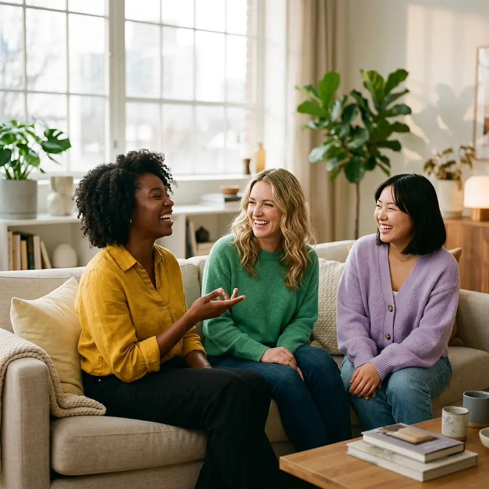Studio photography of three diverse women chatting and laughing while sitting on a couch in a bright, modern living room.