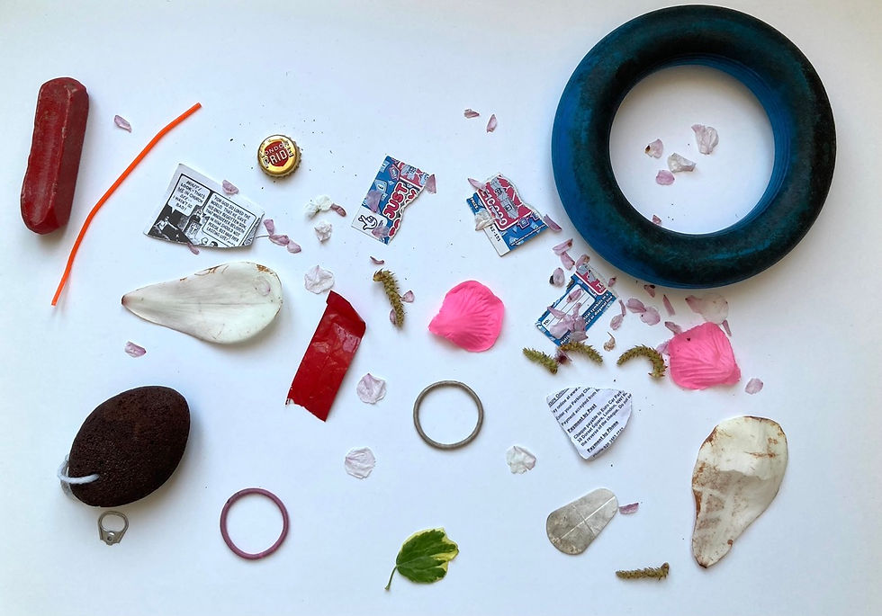 Real and fake flower petals, a torn-up lottery ticket, magazine (?) pages, and a rubber tube