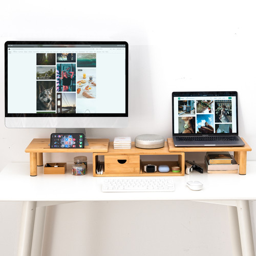Bamboo Dual Monitor Stand with Adjustable Length and Angle Rocdeer