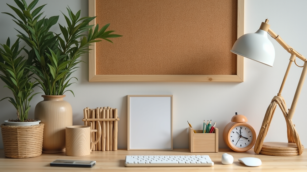 Eye-level view of eco-friendly desk setup with cork board and bamboo organizer