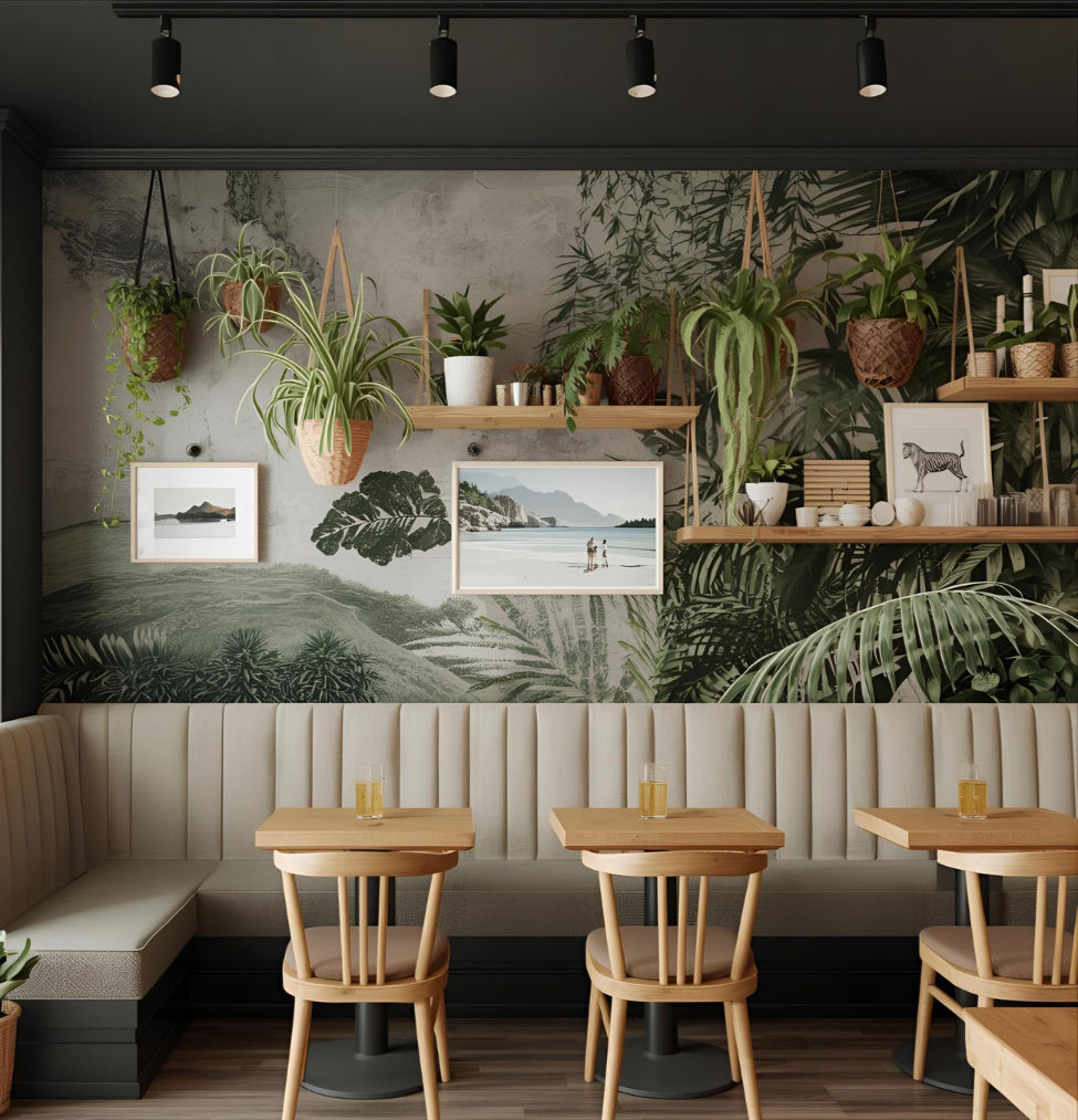Cafe corner featuring a native-themed mural and greenery, creating a serene and inviting atmosphere
