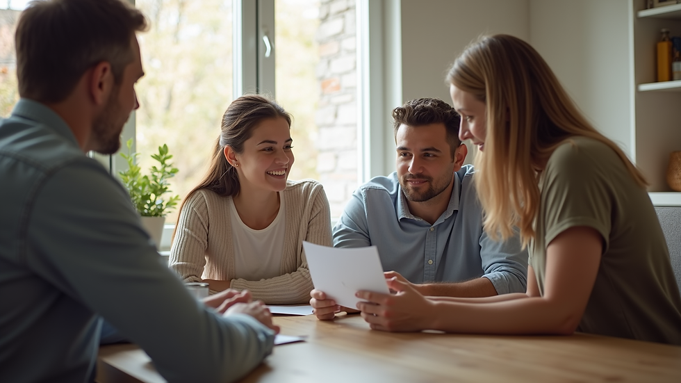 Eye-level view of a family discussing insurance options at home