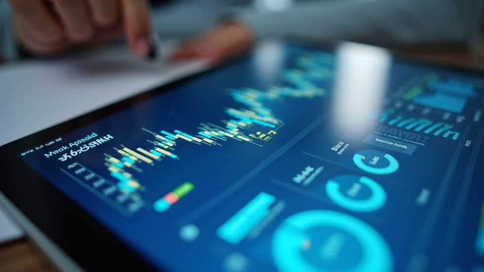 Close-up view of a tablet showing a portfolio management app with colorful charts
