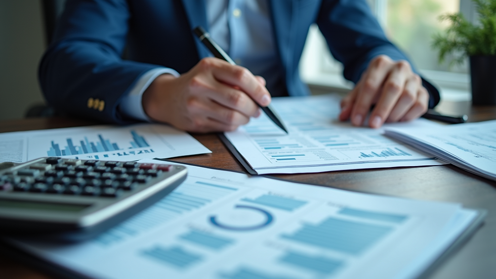 High angle view of a financial advisor’s desk with documents and a calculator