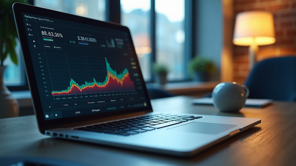 Eye-level view of a modern office desk with a laptop displaying financial charts