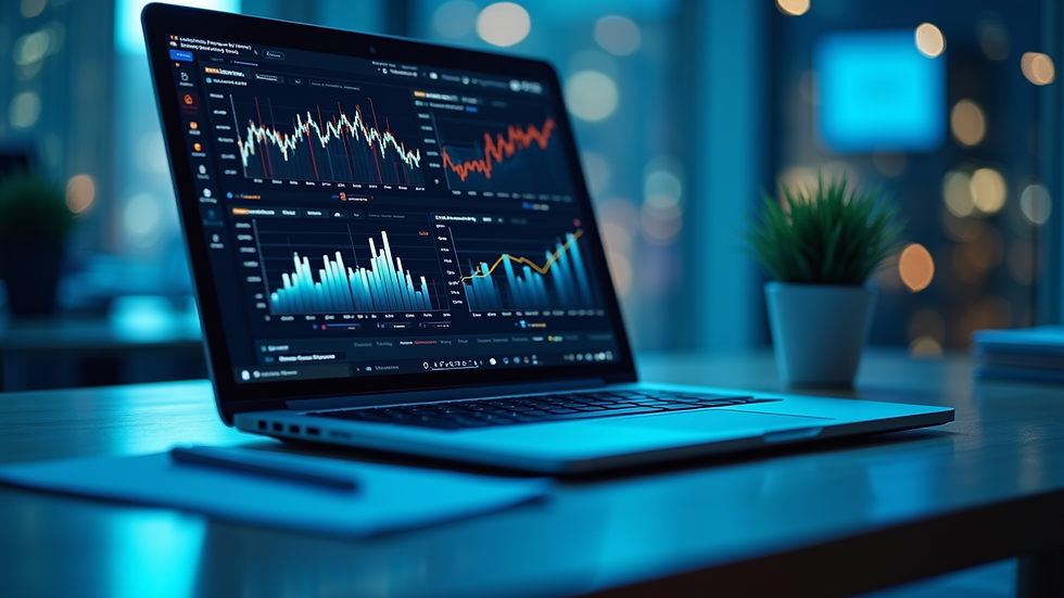 Eye-level view of a modern office desk with a laptop showing financial charts
