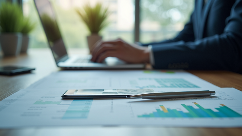 Eye-level view of a modern office desk with financial charts and a laptop