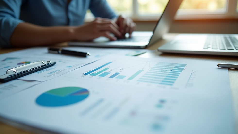 High angle view of a desk with printed portfolio management charts and a pen