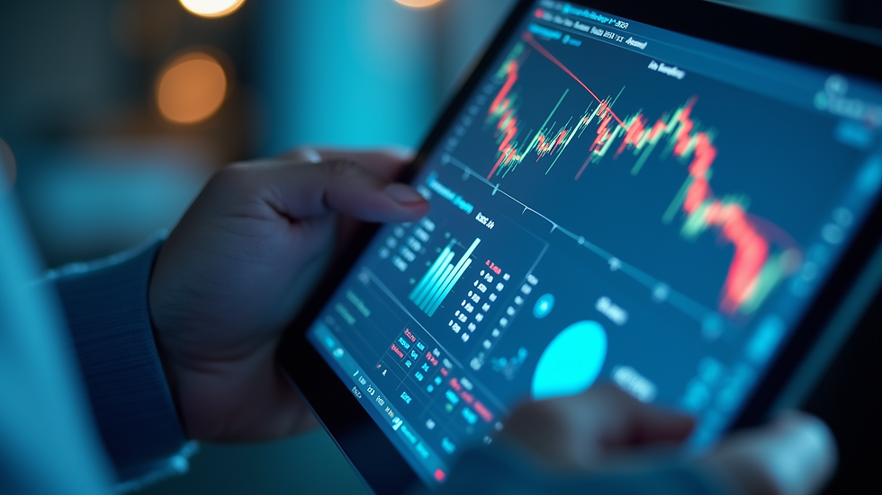 Eye-level view of a financial advisor reviewing charts on a tablet