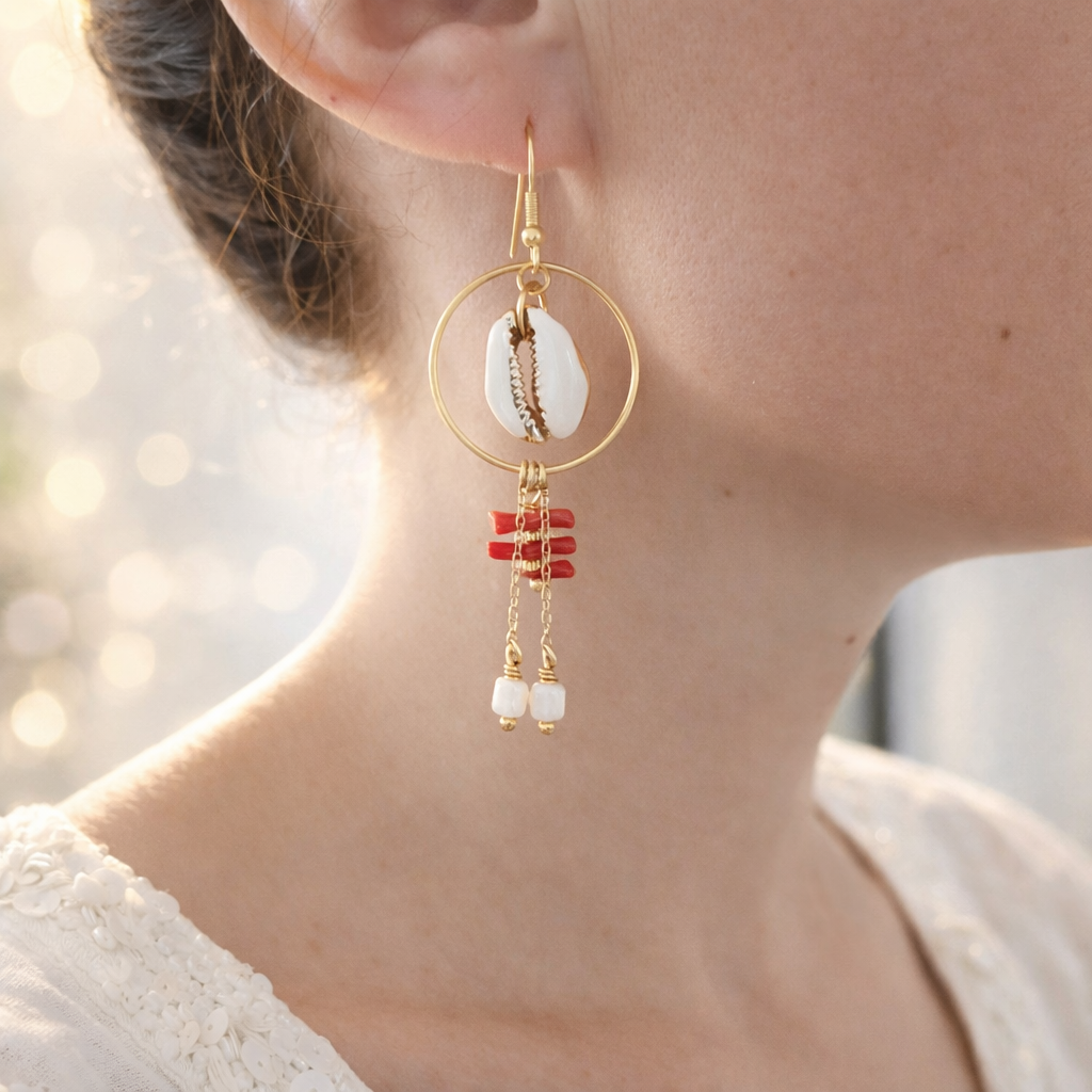 Boucles d’oreilles LUMÉA – Cauri Sacré & Énergie Rouge - Bijoux ENORA- Bijou femme bohème