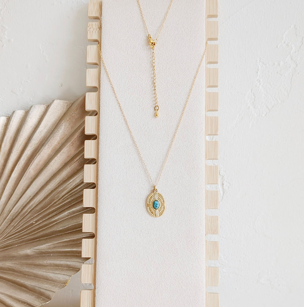 Miniature : Collier pendentif sequin ovale doré et pierre turquoise  ✦Bijoux ENORA✦
