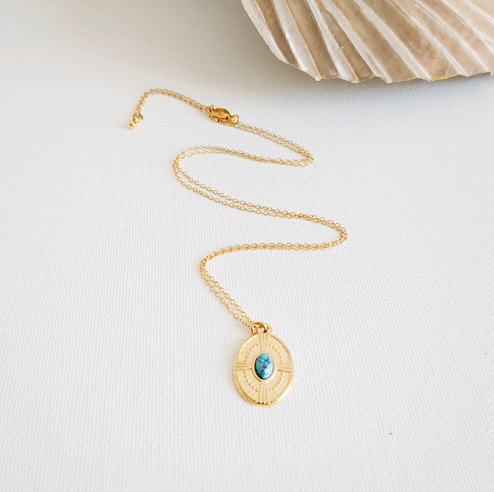 Miniature : Collier pendentif sequin ovale doré et pierre turquoise  ✦Bijoux ENORA✦