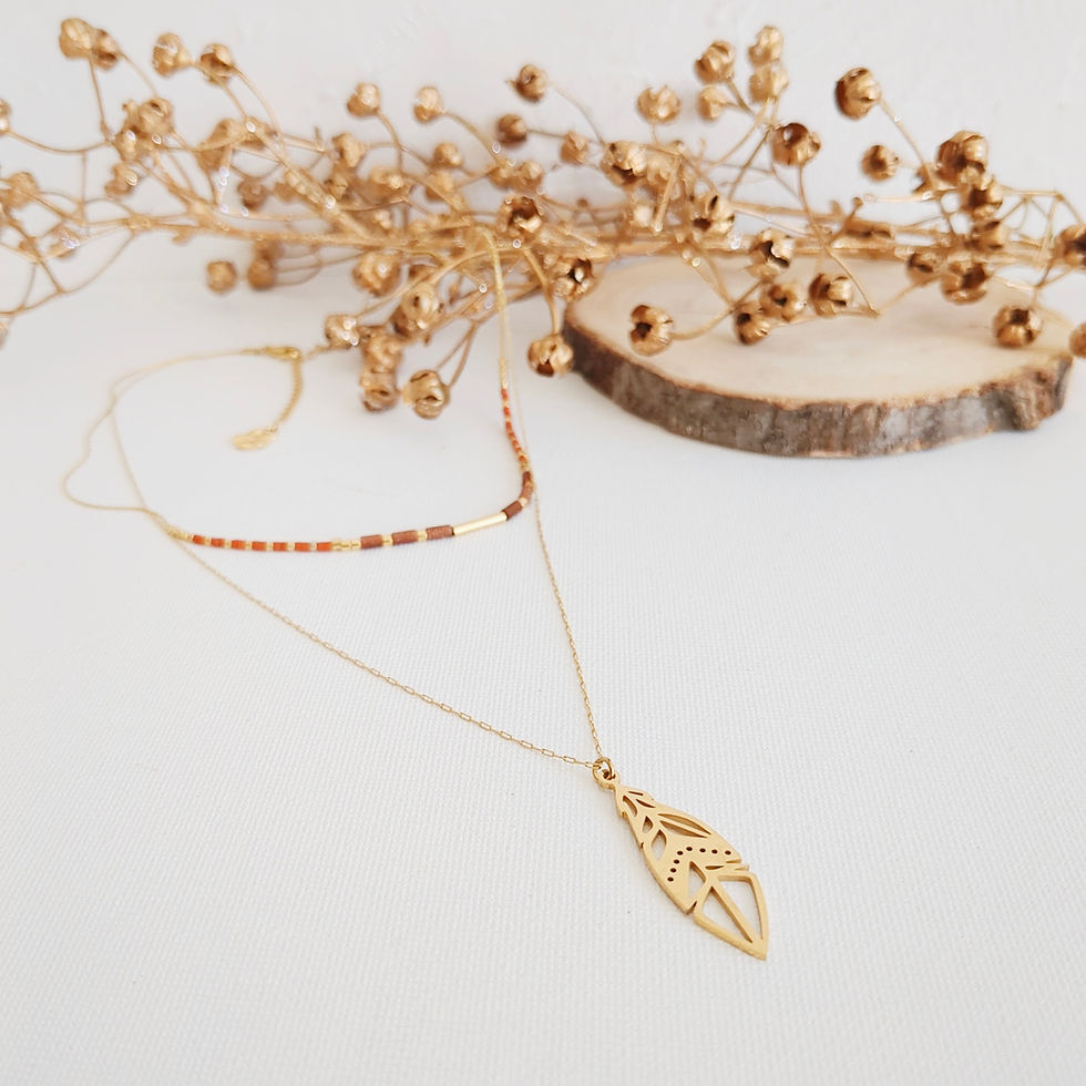 Miniature : Collier double pendentif plume dorée et perle miyuki terracotta  -Bijoux ENORA-