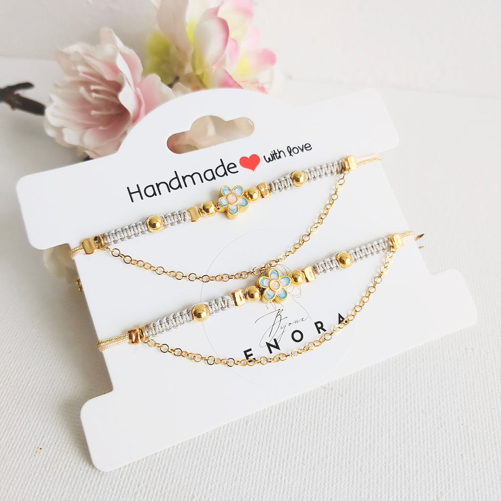 Bracelet coulissant mère/fille, perle fleur dorée, rose et bleu ciel -Bijoux ENORA-