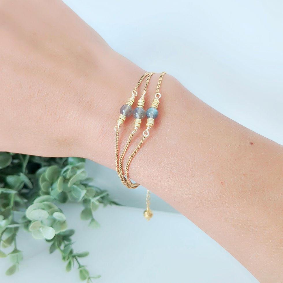 Bracelet femme à trois chaînes dorées et perles de labradorite naturelle. Une pièce unique de la collection Maïlina, signée B