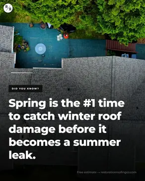 Graphic aerial roof view with roof inspection spring message about preventing winter roof damage and summer leaks