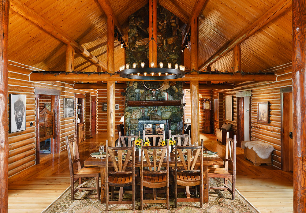 Dining room of luxury lakeview mountain estate in Montana