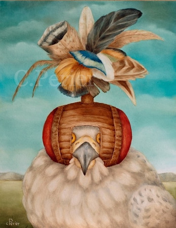 Oil painting of a white peregrine falcon bird with a hood decorated with multi-colored feathers-falconry-surreal animal painter