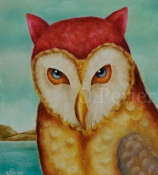 Peinture à l'huile d'art animalier surréaliste d'une chouette effraie blanche et marron clair aux yeux bleus avec un bonnet rose à oreilles sur la tête dans un paysage de mer et de ciel bleu