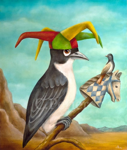 Surreal animal oil painting of a grey and white bird with a red green and yellow hat perched on a branch holding a blue and white horse head stick in a rocky landscape with a blue sky. Click here to buy Rodeo