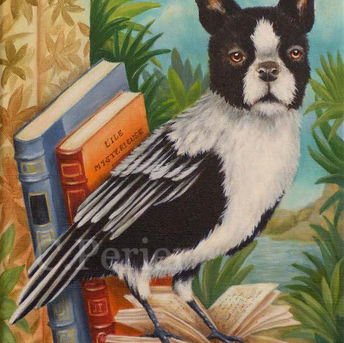 Peinture à l'huile animalière surréaliste d'un chien bouledogue français noir et blanc avec un corps d'oiseau blanc aux ailes noires, perché sur un livre ouvert devant d'autres livres dans un décor exotique de feuilles vertes et sur une Ile mystérieuse. Animal hybride peint par Corine Perier