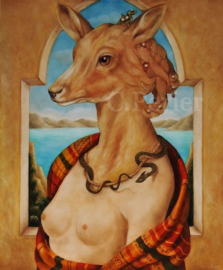 Anthropomorphic animal oil painting of a doe-headed woman with a snake collar and a red stole on her shoulders in front of an open ochre stone arch onto a landscape of sea and blue sky