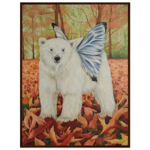 Peinture à l'huile animalière d'un ours polaire orné de délicates ailes de papillon bleu, au cœur d'un paysage de sous-bois, tableau peint par l'artiste Corine Perier.