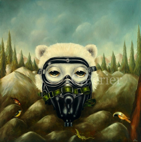 Polar bear head with aviator mask - rocky landscape - polar bear - surreal wildlife art