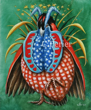 Surreal animal oil painting of a Tragopan Satyr in courtship display, red and blue bird on a green background with gold stars -artwork by Corine Perier. Click here to buy Offrande