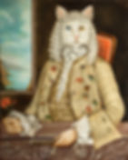 Peinture à l'huile animalière d'un chat blanc Khao Manee aux yeux vairons et à perruque poudrée avec un corps humain assis dans un fauteuil ancien et vêtu d'un veste d'époque à motif d'oiseaux. Il tient un oeillet rouge d'une main et un éventail fermé de l'autre. Une fenêtre ouverte donne sur un paysage de mer et de rochers avec un ciel bleu. Tableau peint par Corine Perier