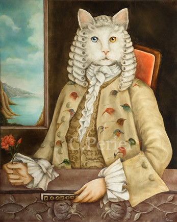 Surreal animal oil painting of a white Khao Manee pure breed cat with odd eyes and a powdered wig with a human body sitting in an antique armchair and wearing a period jacket with a bird motif. He holds a red carnation in one hand and a closed fan in the other. An open window overlooks a landscape of sea and rocks with a blue sky. Artwork by Corine Perier. Click here to buy Aristochat
