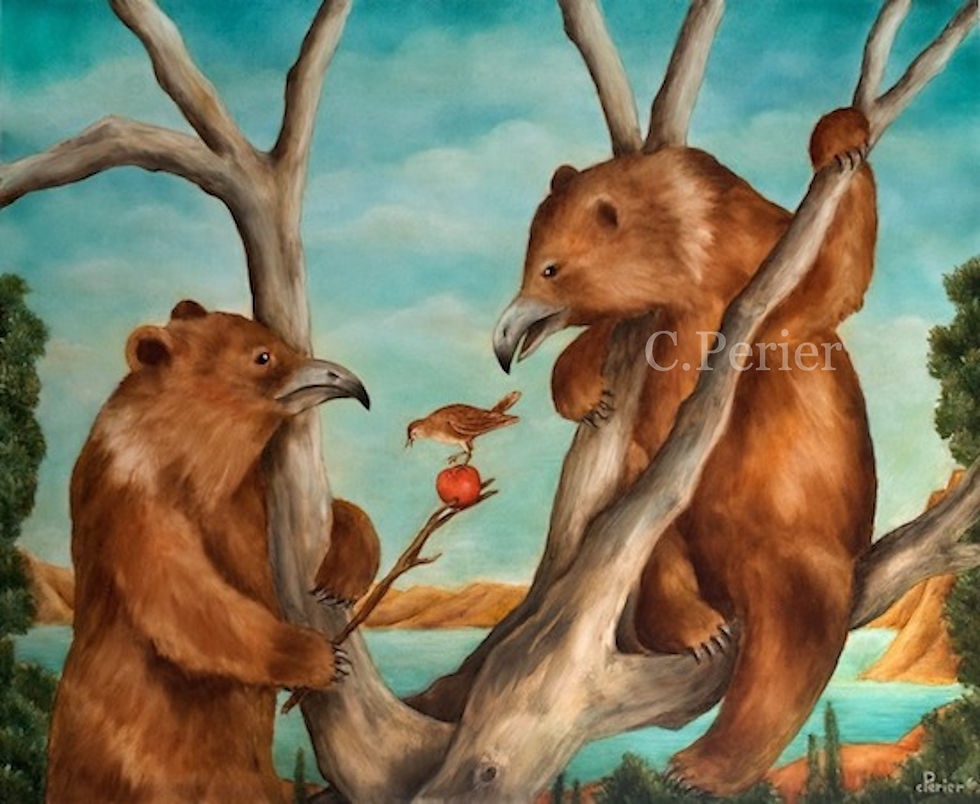 Peinture à l'huile animalière surréaliste d'ours avec des becs d'oiseau dans un arbre et qui tient une branche avec une pomme et un oiseau avec un ciel bleu et la mer à l'horizon lointain, tableau peint par Corine Perier