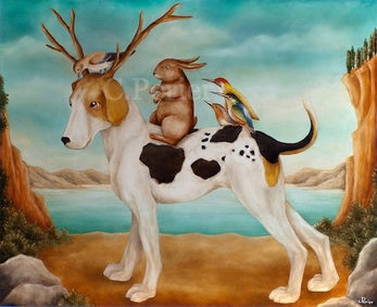 Peinture à l'huile d'un chien beagle avec des bois de cerf sur la tête et un lapin marron et des oiseaux multicolores sur son dos -animal hybride-art animalier surréaliste-chien de race-chien blanc et noir