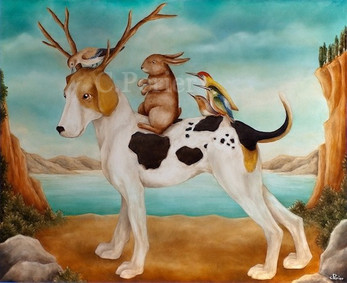 Oil painting of a beagle dog with deer antlers on its head and a brown rabbit and multi-colored birds on its back -hybrid animal-surreal animal art-purebred dog