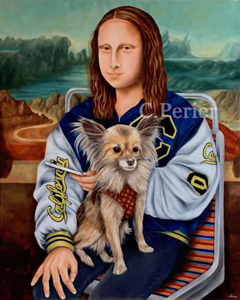 Peinture à l'huile animalière d'un chien Chihuahua au harnais Louis Vuitton sur les genoux de la Joconde Mona Lisa vêtue d'un blouson de sport bleu et blanc California et qui tient un smartphone. Cliquez ici pour acheter Mona Lisa au Chihuahua