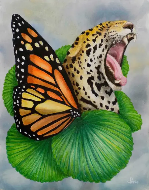 Peinture animalière surréaliste d'une tête de léopard aux ailes de papillon monarque qui émerge d'une chrysalide de feuillages, peint par l'artiste Corine Perier.
