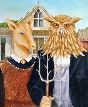 Oil painting of a doe-headed woman wearing a red apron and an owl-headed man wearing blue overalls and a black jacket holding a pitchfork in front of a wooden house-American gothic parody-Grant Wood-famous painting-anthropomorphism-surrealist animal artist