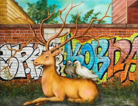 Surrealist oil painting of a wild deer in the city, lying in the grass in front of a graffiti-covered brick wall, with white and grey birds on its back. Urban landscape painting by Corine Perier