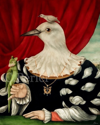 Anthropomorphic surreal animal art oil painting of a white bird with a woman's body wearing a black and white period dress with a green mouse with bird wings in front of a red curtain-hybrid animal-traveling birds-masquerades and portraits-Corine Perier