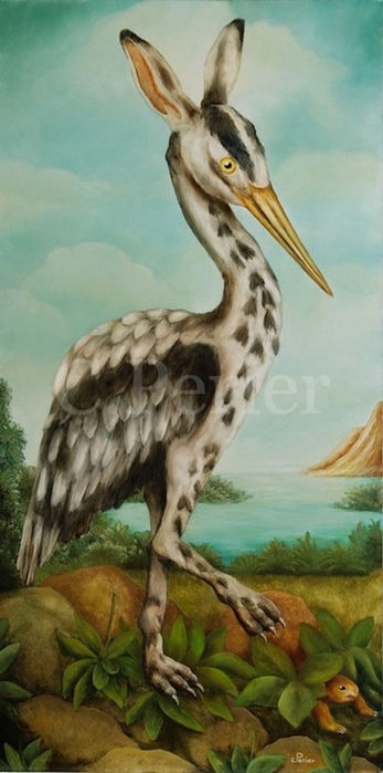 Oil painting of white and black heron with rabbit ears - hybrid animal - turtle hiding under leaves - surreal animal art - symbolism