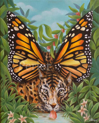 Peinture à l'huile d'un léopard aux ailes de papillon monarque buvant dans une rivière dans un décor exotique de feuilles vertes et de fleurs sur une Ile mystérieuse. Animal hybride peint par Corine Perier
