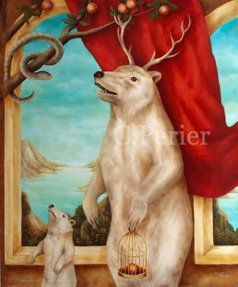 Animal oil painting of a standing polar bear with deer antlers on his head and with a cub. He is holding a birdcage with an apple in one hand. The two bears are in front of a red curtain and an open arch that overlooks a landscape of sea and rocks with a blue sky. We see a tree branch with apples and a coiled snake at the top right that represent temptation. Artwork by Corine Perier. Click here to buy Tentation
