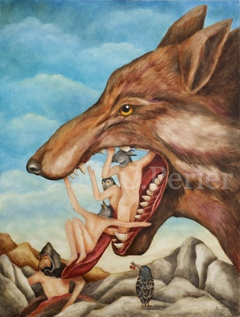 Oil painting of a wolf's head in profile with open mouth and red tongue with men with animal heads in a landscape of rocks and a blue sky - anthropomorphism - back to basics - Jérome Bosh