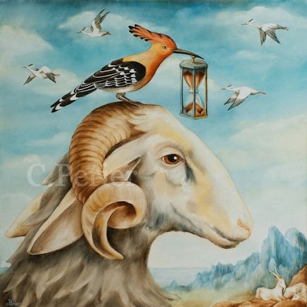 Oil painting of a white ram's head with a woodpecker on its head holding an hourglass in its beak with a blue sky and white rabbit-headed birds-dreamlike landscape-surrealist surreal animal artist